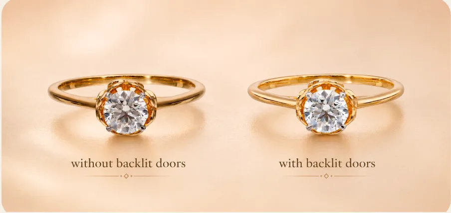 Diamond ring photographed without and with backlit LED doors
