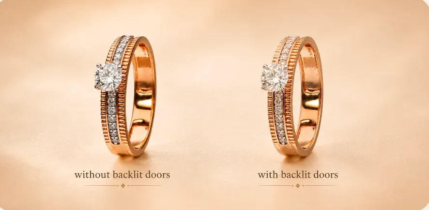 Solitaire ring photographed without and with backlit LED doors