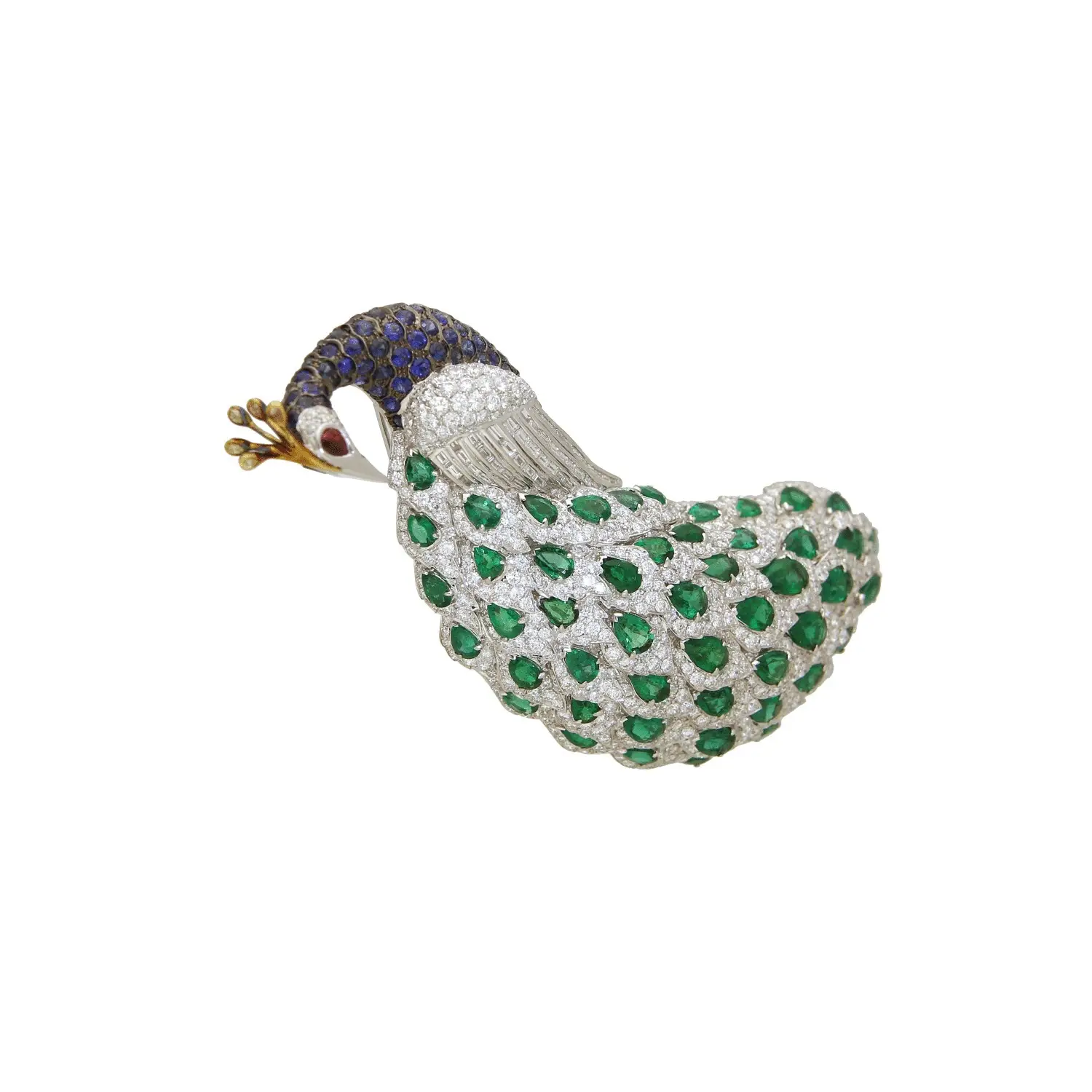 360 degree spin of a peacock brooch with emeralds and sapphires
