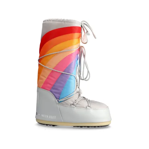 Rainbow-striped moon boot shot as a 2D packshot