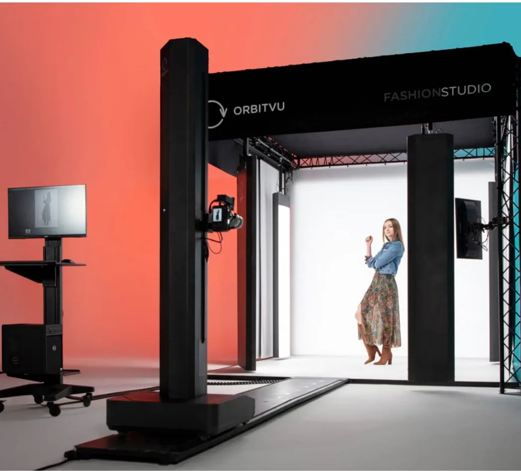 Model being photographed inside the Orbitvu Fashion Studio