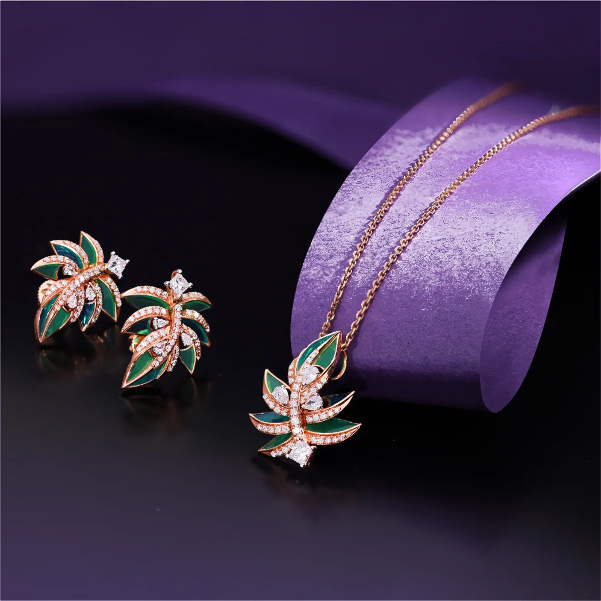 Emerald leaf pendant, earrings, and chain set