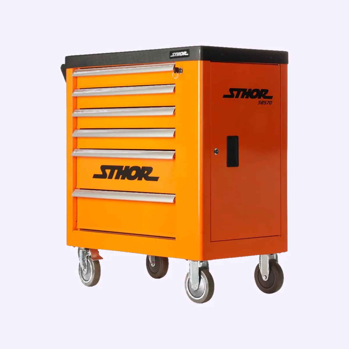 Packshot, orange rolling tool cabinet