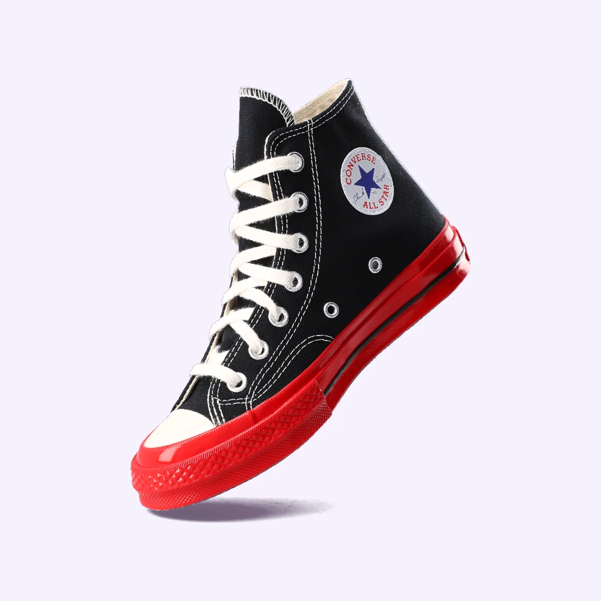 Packshot, black high-top sneaker with red sole