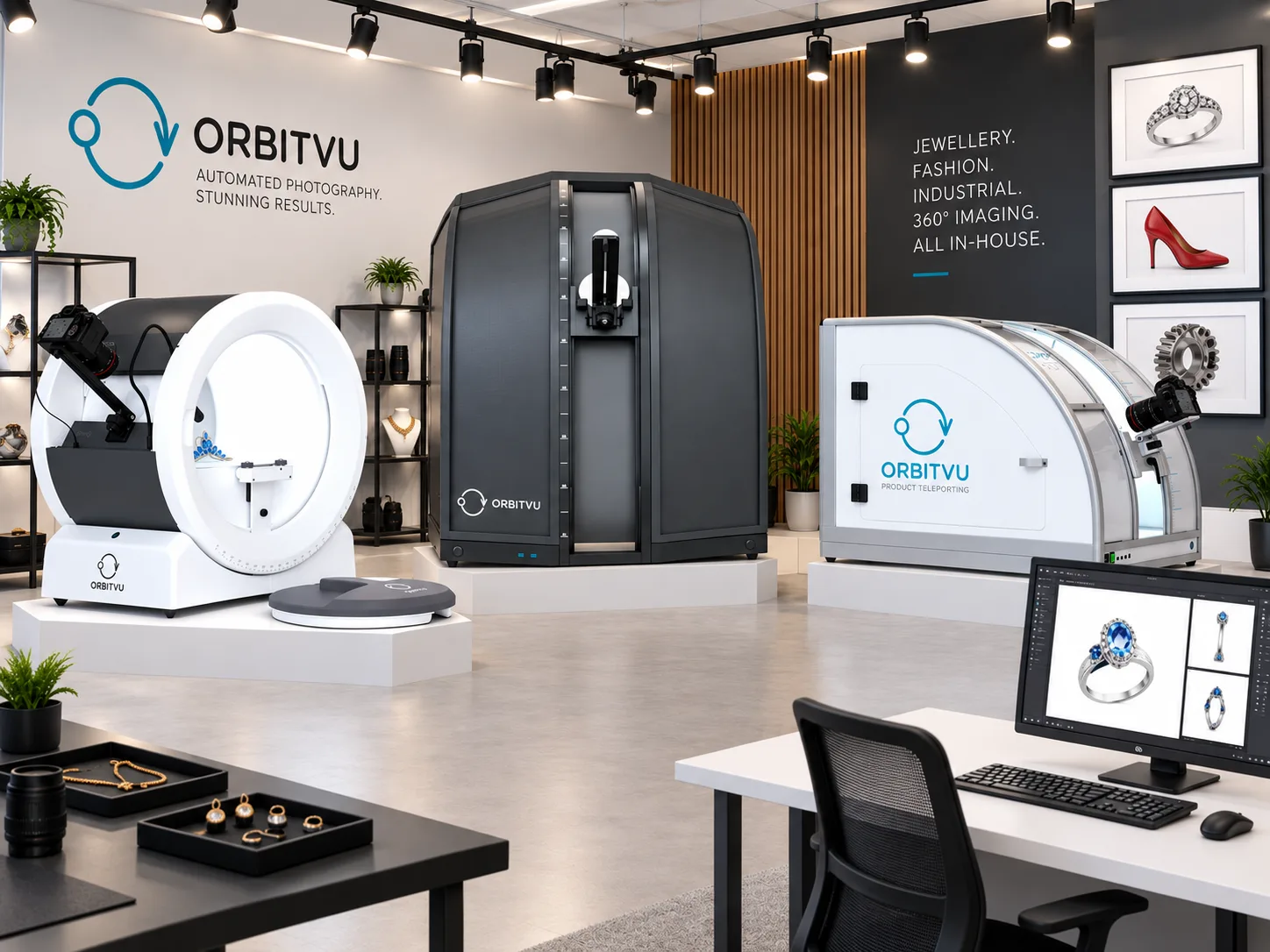 Orbitvu automated photography studio with Alphashot systems, jewellery and product samples, and an editing workstation
