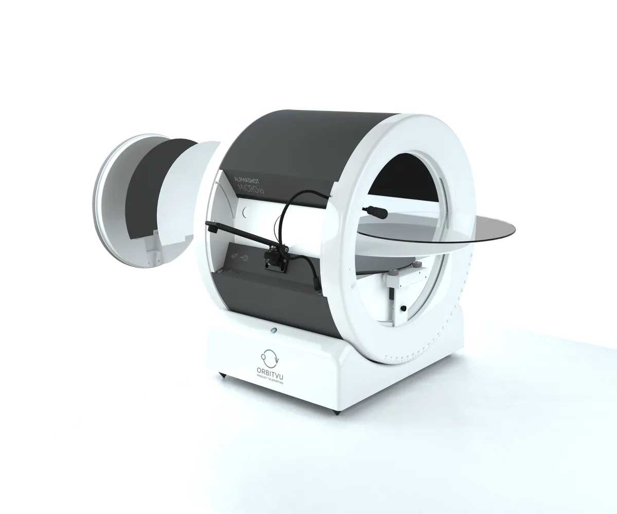 Alphashot Micro V2 open, showing turntable and camera mount