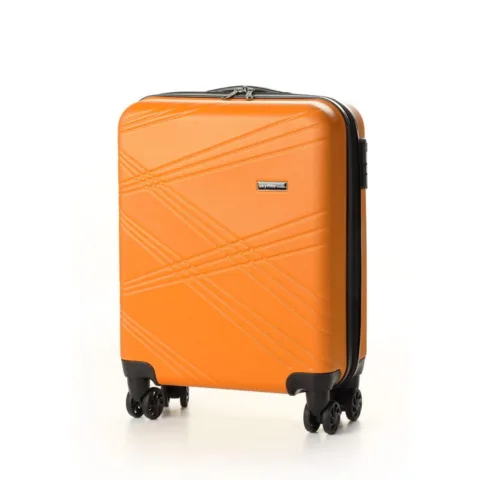 Orange hardshell suitcase captured on Orbitvu Turntable G2