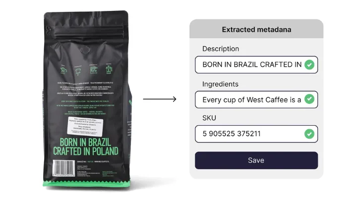 AI-extracted product metadata panel showing description, ingredients, and SKU