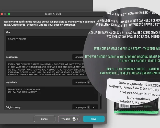 AI OCR reading and structuring printed label data from a coffee bag