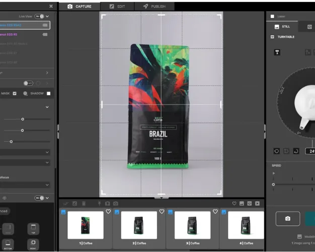 AI Photo Assistant capture software framing a coffee bag