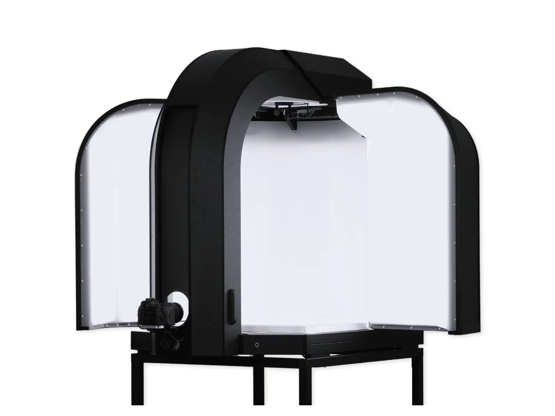 Alphashot XL G2 studio exterior with doors open, showing camera mount and turntable